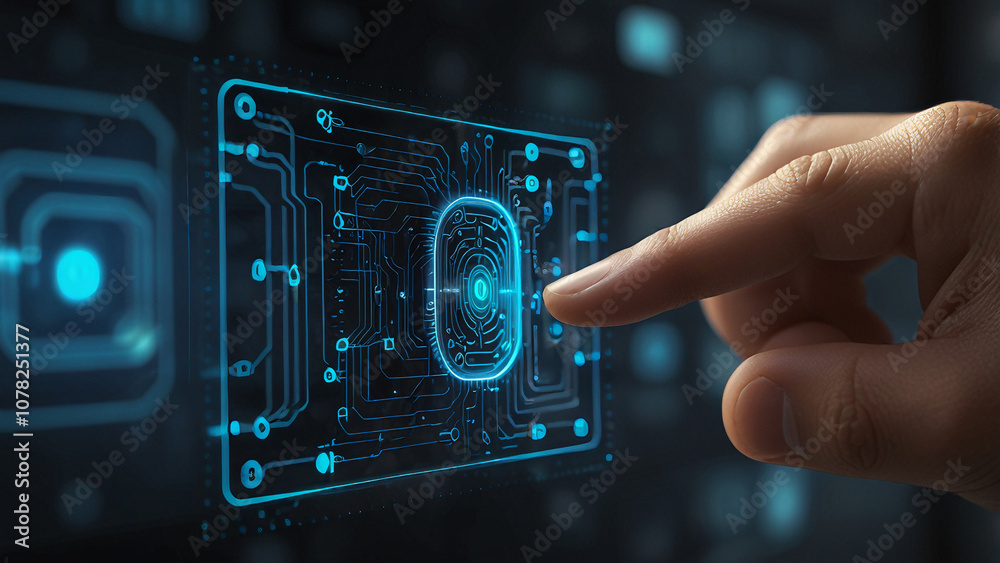 finger touch chat bot. Finger Touching a Virtual Chatbot Icon in Blue Holographic Style finger touch chat bot. Finger Touching a Virtual Chatbot Icon in Blue Holographic Style
