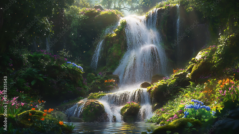 A hidden waterfall cascading down moss-covered rocks, surrounded by lush greenery and wildflowers in a secluded forest A hidden waterfall cascading down moss-covered rocks, surrounded by lush greenery and wildflowers in a secluded forest
