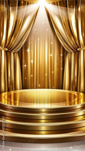 Golden stage podium with spotlight and glittering background. Copy space backdrop