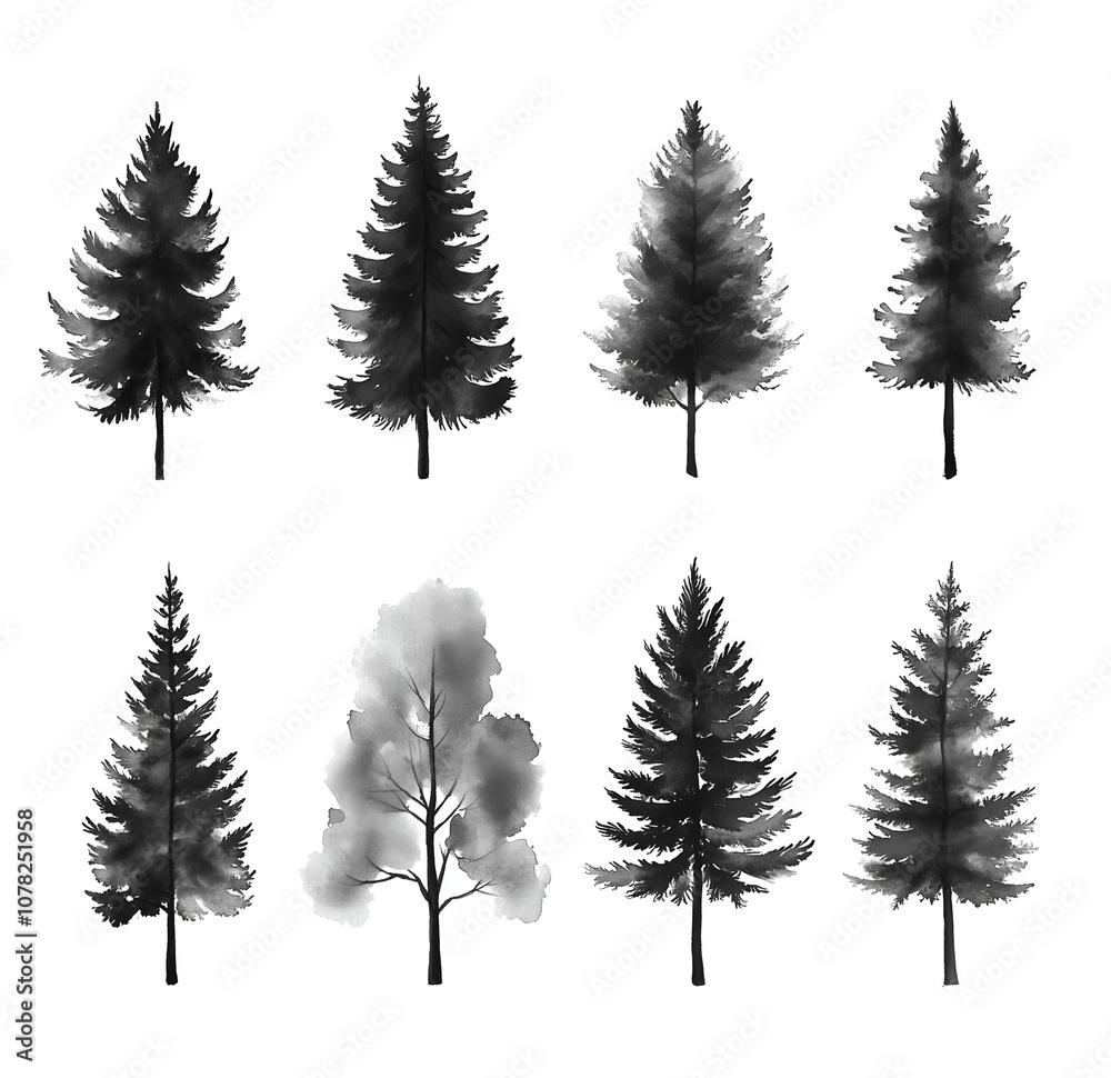 Fototapeta premium set of hand-drawn watercolor pine trees in black and gray tones on a white background