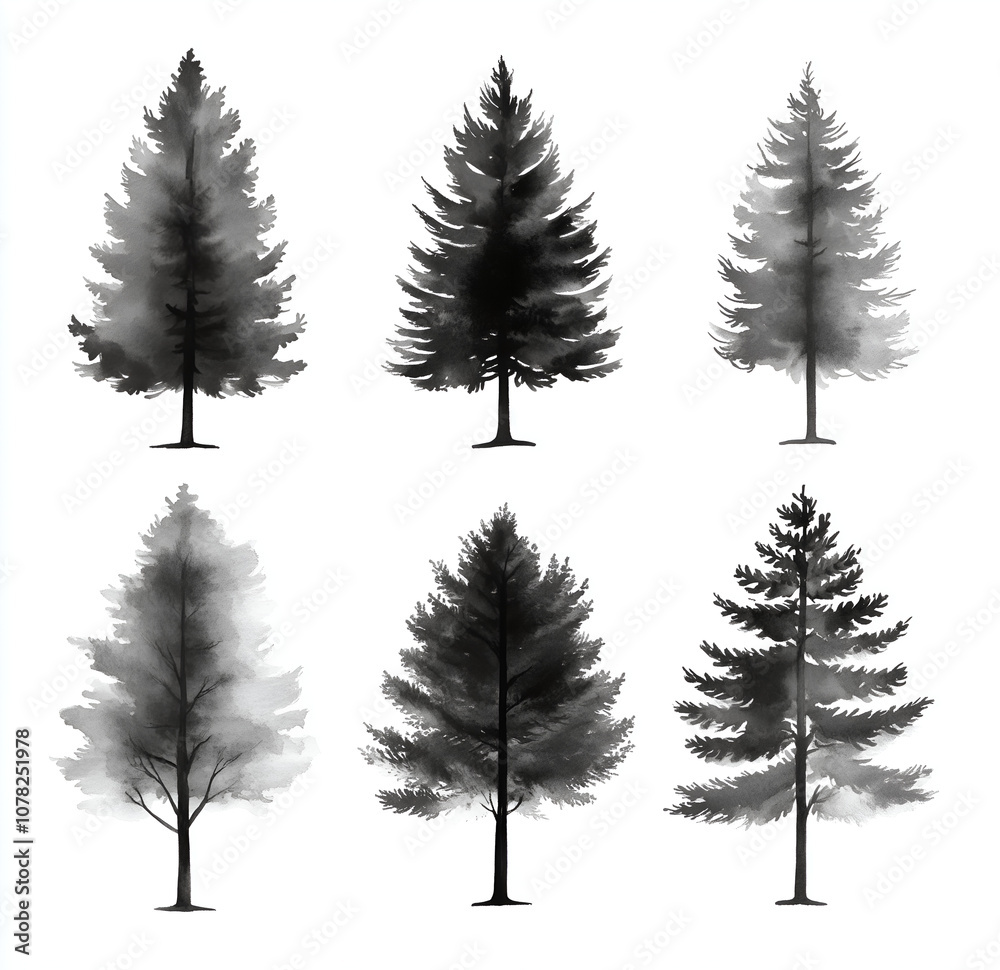 Fototapeta premium set of hand-drawn watercolor pine trees in black and gray tones on a white background