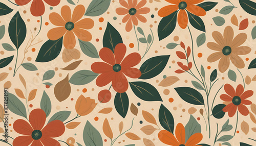 Abstract flowers in muted reds, oranges, and greens, arranged in a scattered pattern on a beige background