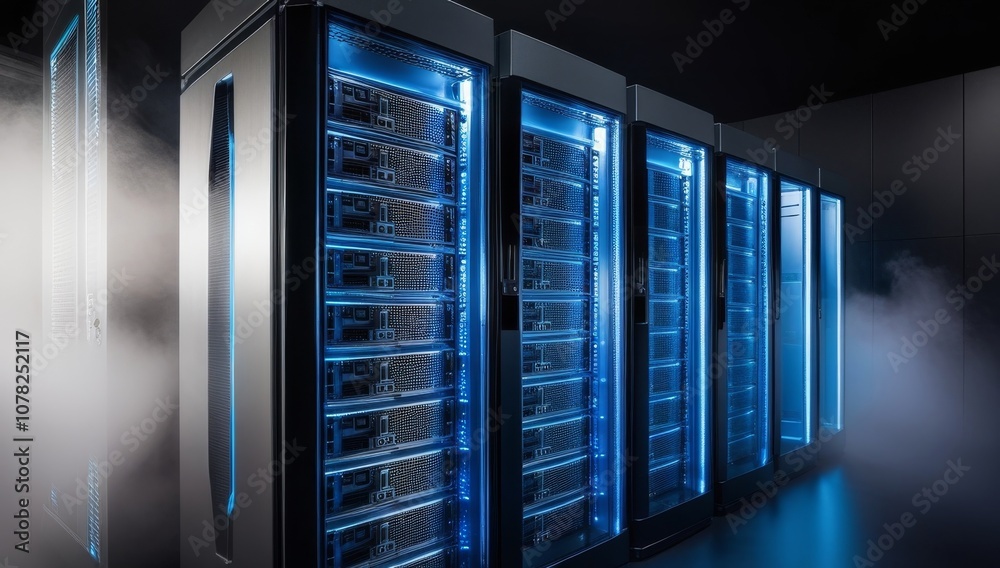Abstract futuristic server room with rows of illuminated servers and cable connections, copy space. Unaltered, network security, data center, networking, technology and network server concept Abstract futuristic server room with rows of illuminated servers and cable connections, copy space. Unaltered, network security, data center, networking, technology and network server concept