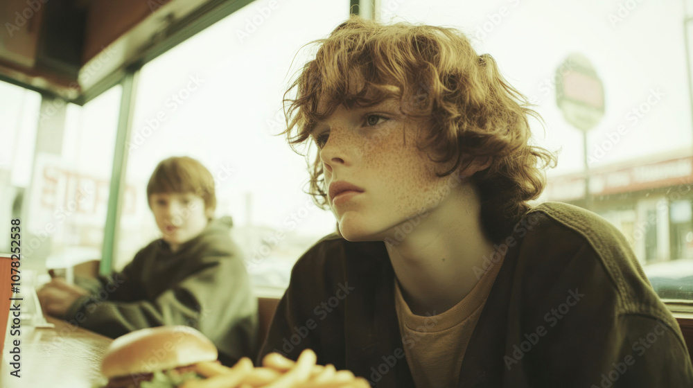 Happy child enjoying a meal with friend in a sunlit café setting. Happy child enjoying a meal with friend in a sunlit café setting.