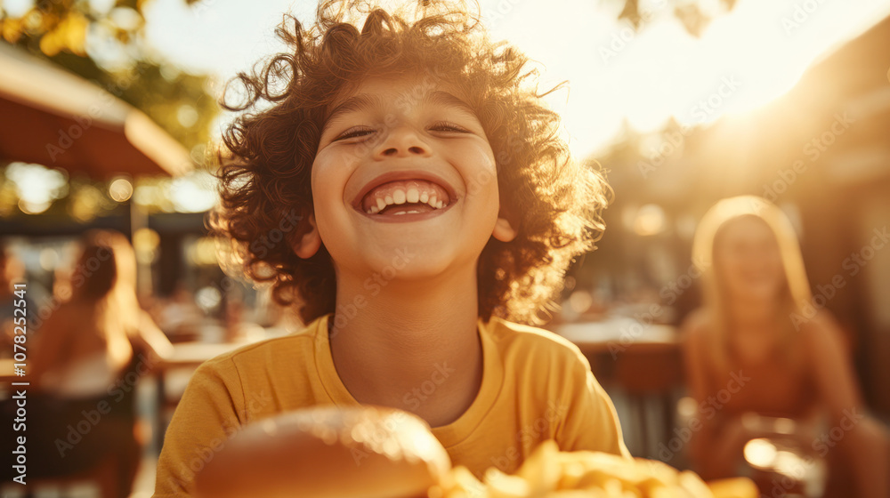 Happy child enjoying a meal with friend in a sunlit café setting. Happy child enjoying a meal with friend in a sunlit café setting.
