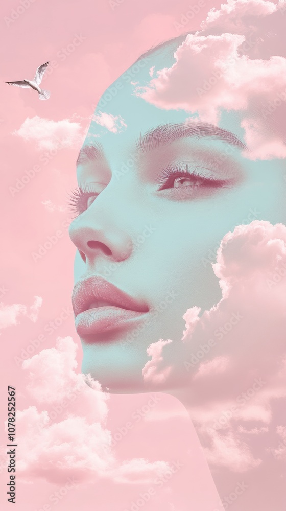 Fototapeta premium Dreamy portrait of a woman with clouds and a bird in a pastel sky, AI