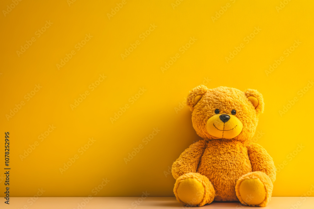 A teddy bear is sitting on a yellow wall A teddy bear is sitting on a yellow wall