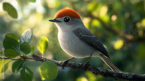  bird has a grey body with a red head and white belly. It is small in size and has black eyes, a long beak, and short tail feathers. The background is green leaves and a blurred nature scene.