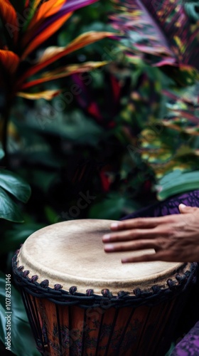 Musician Playing Djembe Drum in a Vibrant Tropical Garden Setting