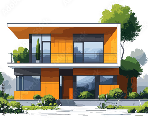 Large orange house with a green tree in front of it. The house has a balcony and a large window