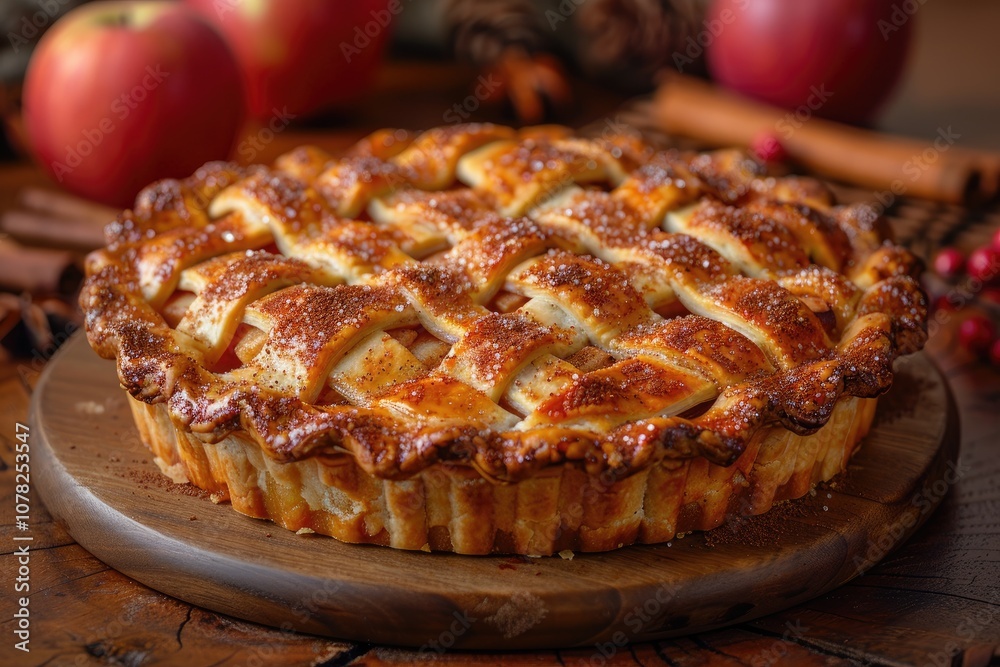 Golden-Brown Apple Pie with Lattice Crust on Wooden Board Golden-Brown Apple Pie with Lattice Crust on Wooden Board