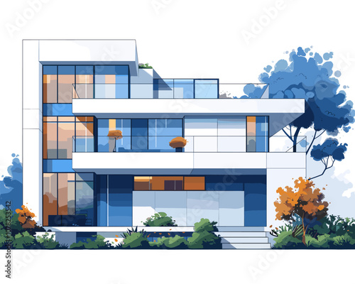 Large white house with a blue trim and a green tree in front. The house has a lot of windows and a balcony