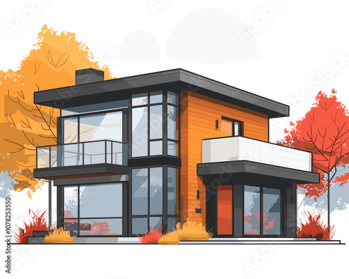 Modern house with a large glass window and a balcony. The house is situated in a wooded area with trees in the background. The house has a clean and minimalist design, with a focus on natural light