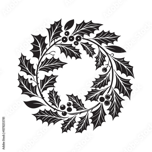 Isolated Christmas Wreath Silhouette - Vector Icon on White Background.