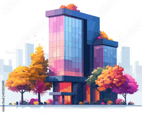 Colorful building with a lot of trees and a lot of leaves on it. The building is very tall and has a lot of windows