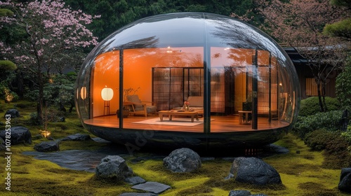 Modern Transparent Bubble House Surrounded by Japanese Garden