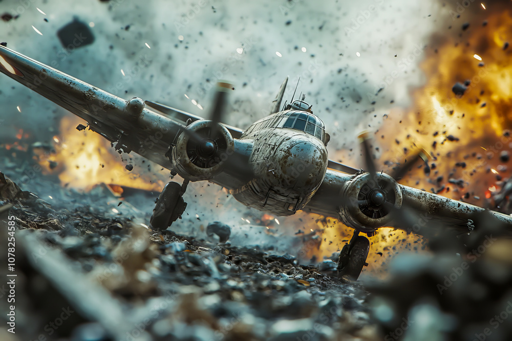 Fototapeta premium A war plane is flying through a battlefield with a lot of debris and smoke