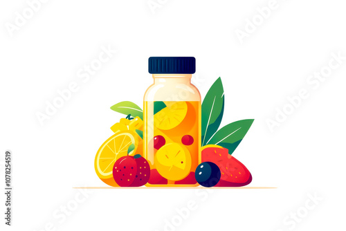 A bottle of juice with a bunch of fruit on top of it