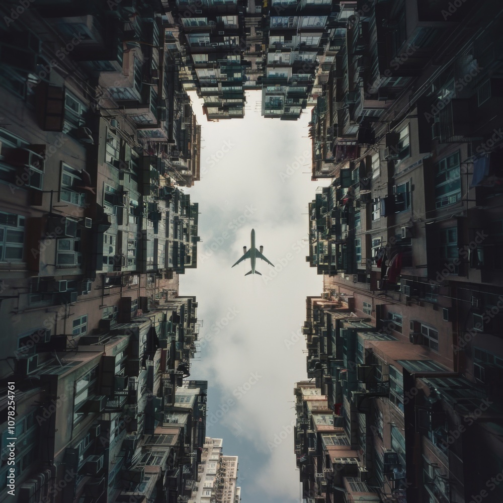 Airplane Flying Above Urban Canyon: Aerial View Between High-rise Buildings Under Cloudy Sky, Capturing the Essence of City Life and Travel