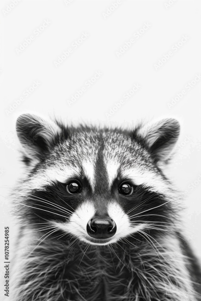 Charming Close-Up of a Curious Raccoon in Black and White, Capturing Its Expressive Face and Distinctive Mask-Like Features Against a Minimalist Background. Charming Close-Up of a Curious Raccoon in Black and White, Capturing Its Expressive Face and Distinctive Mask-Like Features Against a Minimalist Background.