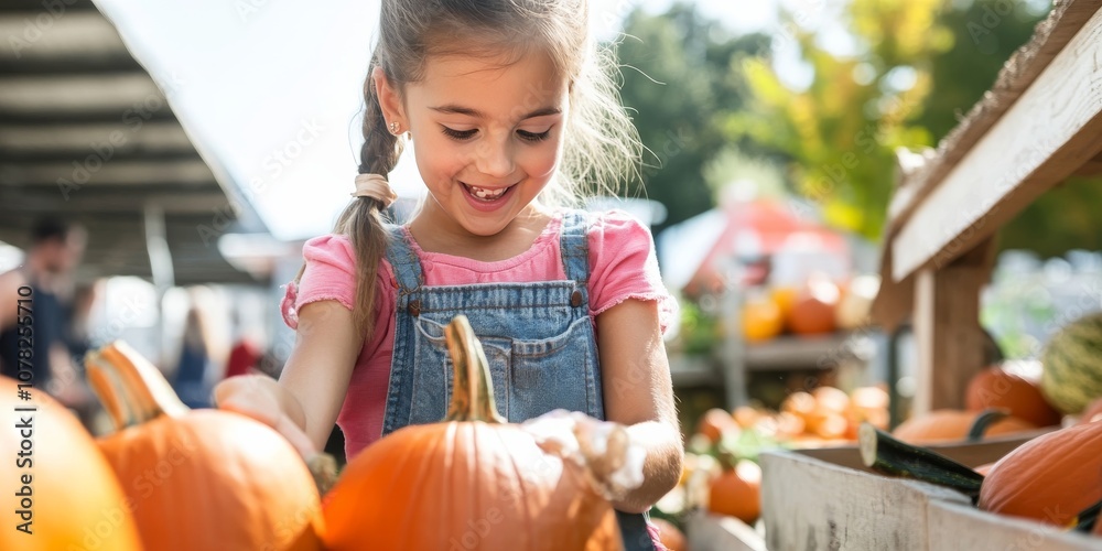 A little girl is choosing a pumpkin at a farm. A little girl is choosing a pumpkin at a farm.