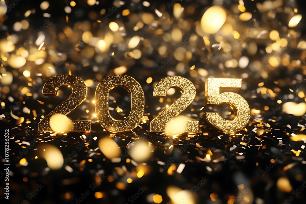 Happy New Year 2025 in bold golden letters surrounded by shimmering confetti and lights. Happy New Year 2025 in bold golden letters surrounded by shimmering confetti and lights.