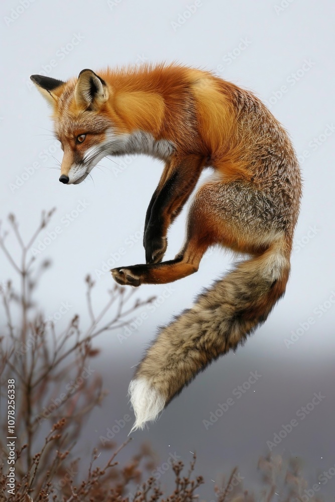Naklejka premium Dynamic Capture of a Leaping Red Fox in Mid-Air, Showcasing Its Agile Movement and Vibrant Colors Against a Soft, Blurred Background.