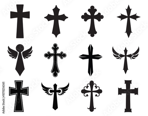 Christian Cross Silhouette. Set Christian Cross Vector Symbol Flat And Outline Style.