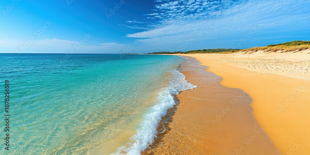 Fototapeta premium A serene beach scene with golden sand and clear blue water under a bright sky.