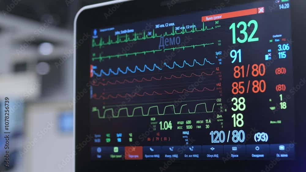 The Patient Vital Signs Monitor is Displaying Critical Health Metrics for Assessment and Care The Patient Vital Signs Monitor is Displaying Critical Health Metrics for Assessment and Care