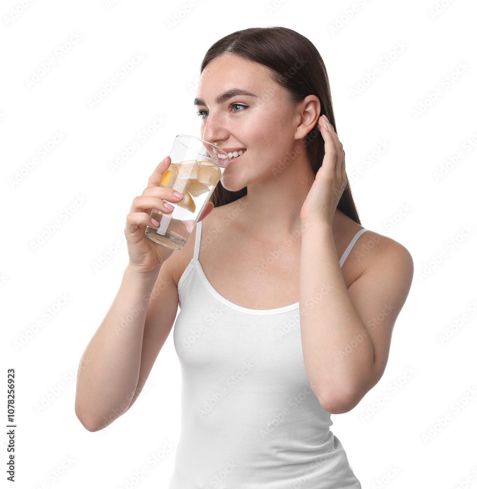 Woman drinking water with lemon on white background Woman drinking water with lemon on white background