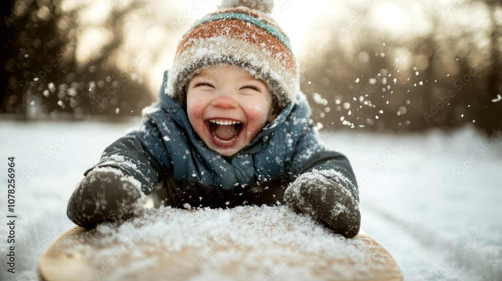 Laughing child sledding in winter snow with colorful beanie.