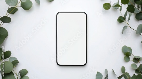 Minimalist High-End Product Photography: Elegant White Mobile Phone with Eucalyptus Leaves in Full Screen, High-Resolution, Simple Design, and Premium Quality Details on a Crisp White Background