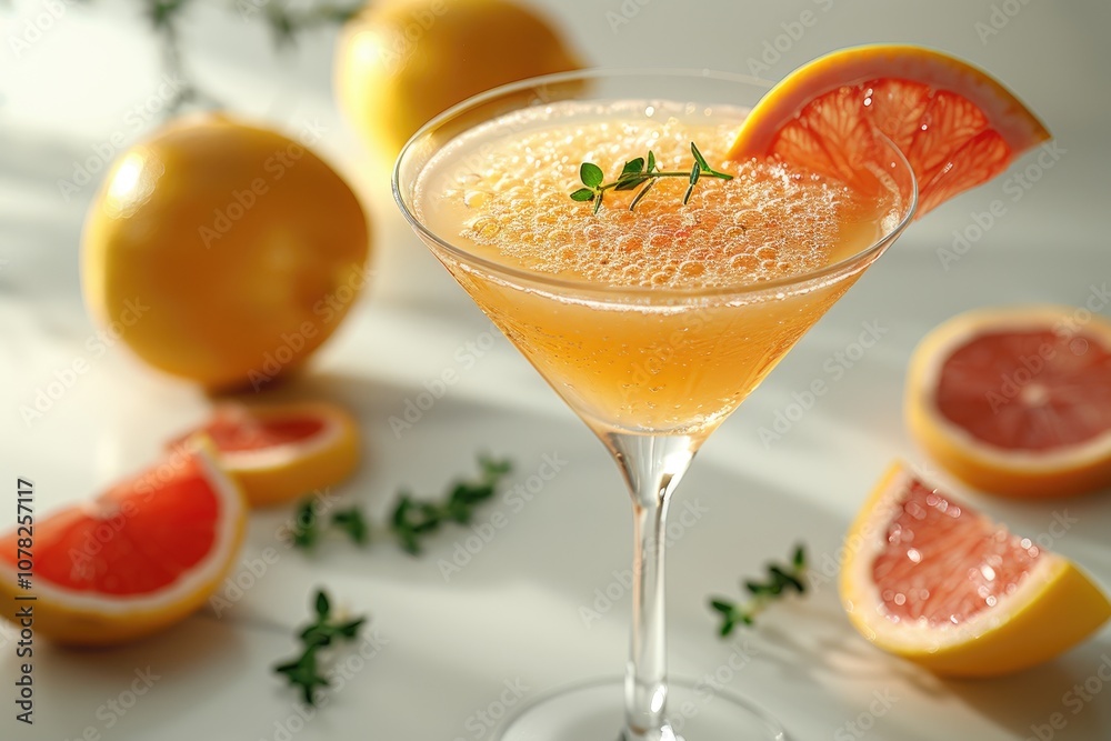 A refreshing grapefruit cocktail garnished with thyme in a martini glass. A refreshing grapefruit cocktail garnished with thyme in a martini glass.
