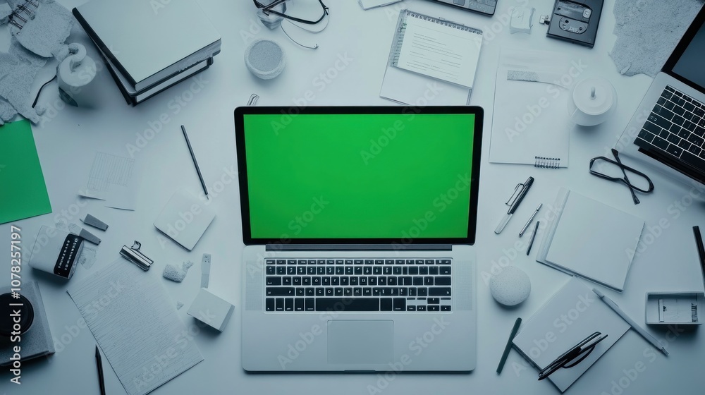 Laptop on Desk with Green Screen Laptop on Desk with Green Screen