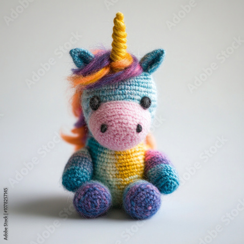 Soft woolen unicorn toy with rainbow hues on white. AI generative.