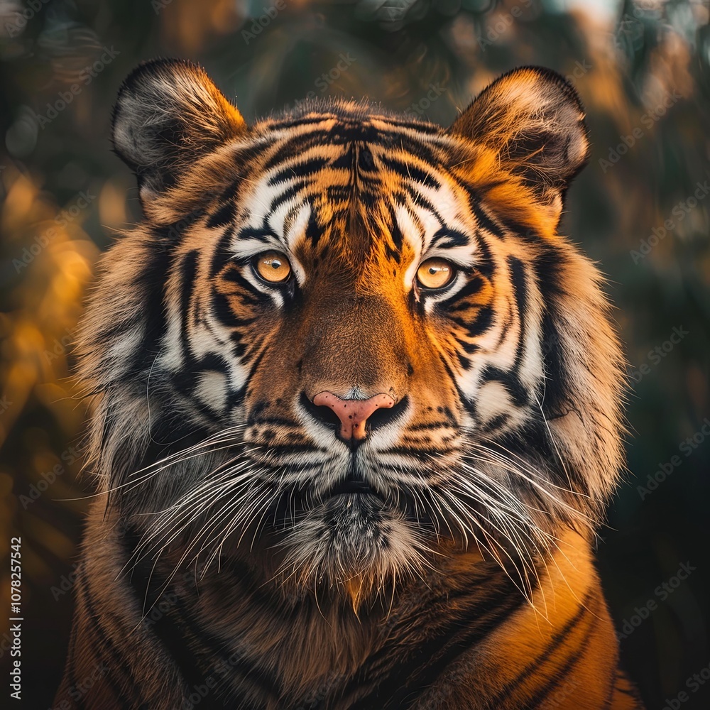 Fototapeta premium Majestic Close-Up of a Bengal Tiger Against a Warm Sunset Background, Capturing the Intensity and Beauty of This Endangered Wild Animal.