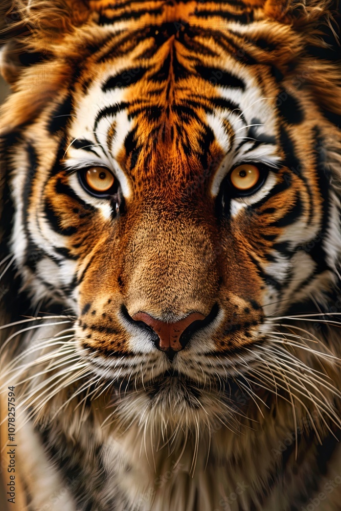 Majestic Close-Up of a Tigers Face: Striking Orange Fur, Intense Gaze, and Detailed Stripes Capturing the Power and Beauty of Natures Wild Predator. Majestic Close-Up of a Tigers Face: Striking Orange Fur, Intense Gaze, and Detailed Stripes Capturing the Power and Beauty of Natures Wild Predator.