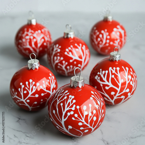 Set of beautiful Christmas red balls for tree decoration. AI generative. photo