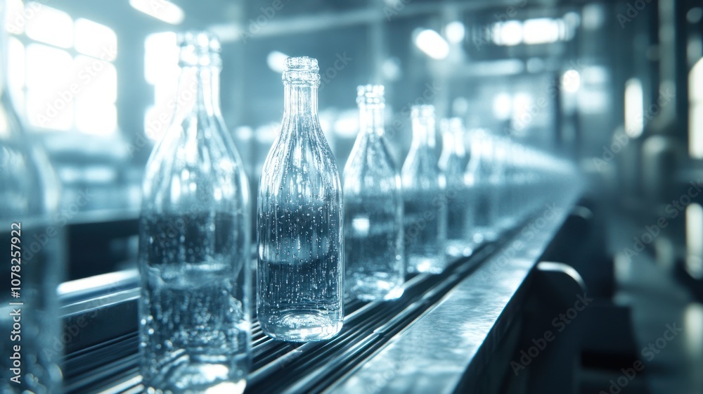 Glass Bottles on a Conveyor Belt in a Factory Glass Bottles on a Conveyor Belt in a Factory