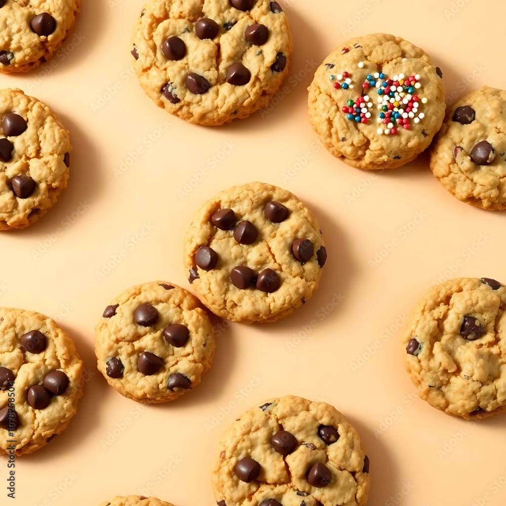 Assorted chocolate chip cookies and sprinkles arranged on a light cream background for a delicious, colorful look. Assorted chocolate chip cookies and sprinkles arranged on a light cream background for a delicious, colorful look.