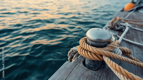 Close-up of a boat cleat with ropes tied around it on a wooden deck, with calm water in the background and warm sunset reflections.