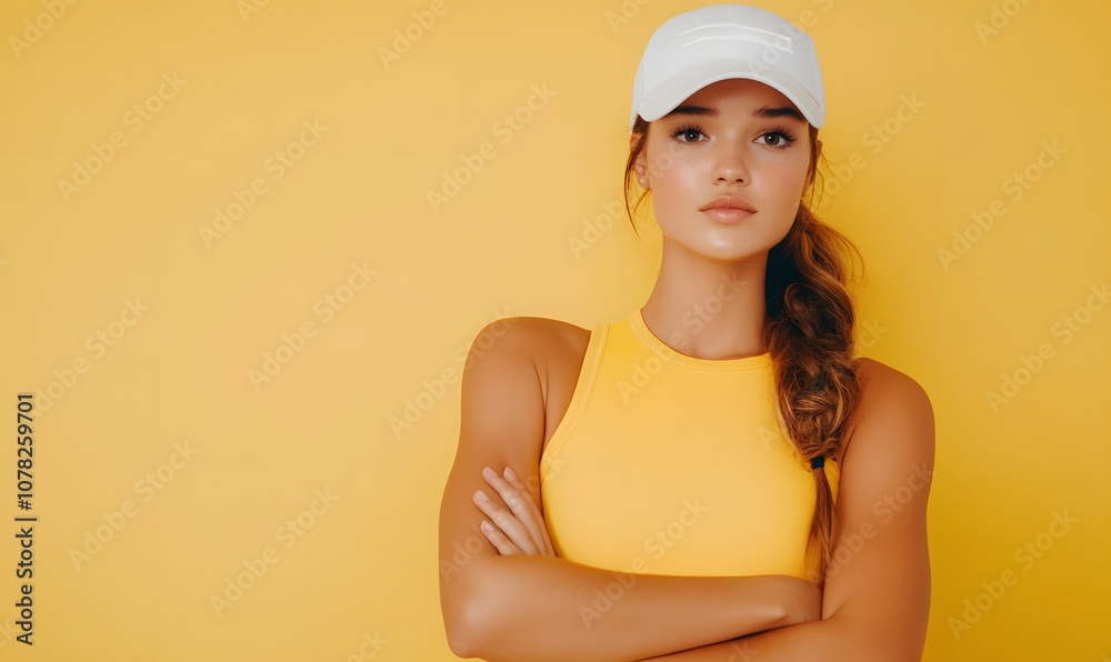 Confident athlete posing in bright sportswear for sports and fitness design, Generative AI Confident athlete posing in bright sportswear for sports and fitness design, Generative AI