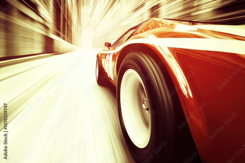 Red sports car speeding on a highway. Red sports car speeding on a highway.