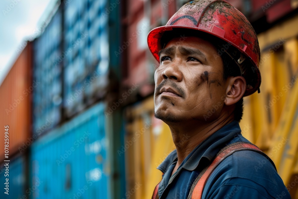 Fototapeta premium Worker in a Hard Hat Gazes Thoughtfully at Shipping Containers at a Bustling Port on a Sunny Day, Reflecting on His Day's Labor
