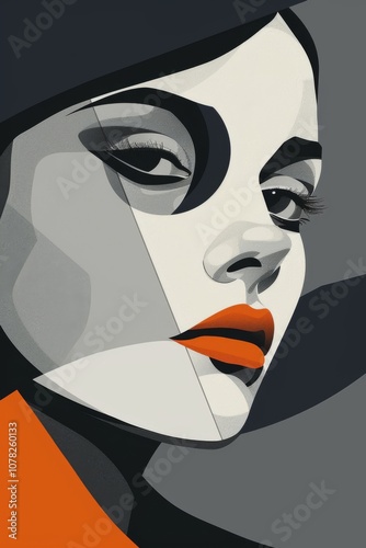 Stylized Portrait of a Confident Woman with Bold Features, Angular Design, and Vibrant Orange Lips Against a Minimalist Background, Emphasizing Modern Artistry.