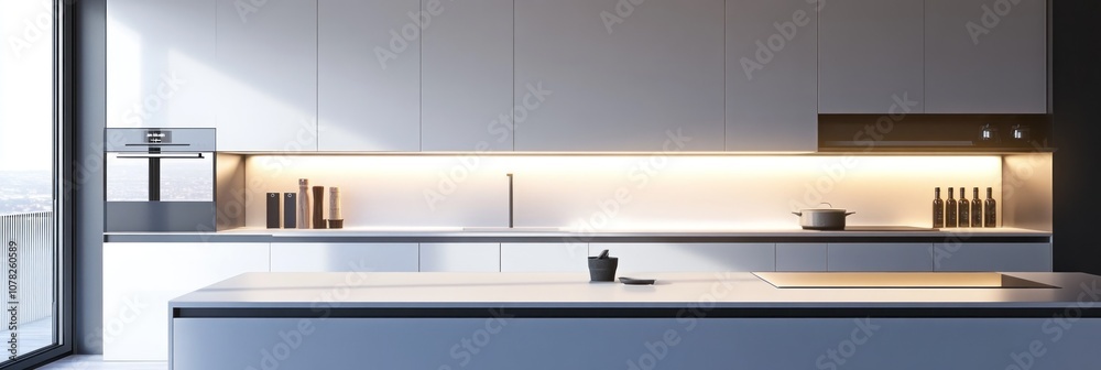 Modern kitchen with sleek design and ambient lighting. Modern kitchen with sleek design and ambient lighting.