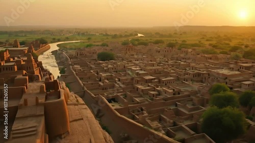 Indus Valley Civilization at Twilight
A view of an ancient city with mud-brick buildings and bustling streets. The camera pulls back, revealing a network of cities connected by rivers and farmlands st