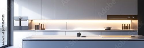 Modern kitchen with sleek design and ambient lighting.