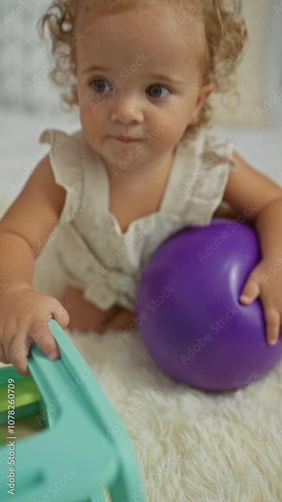 Adorable blonde toddler girl playing with a purple ball and a green toy on a bed in a cozy bedroom, showcasing her childhood curiosity and joy indoors Adorable blonde toddler girl playing with a purple ball and a green toy on a bed in a cozy bedroom, showcasing her childhood curiosity and joy indoors